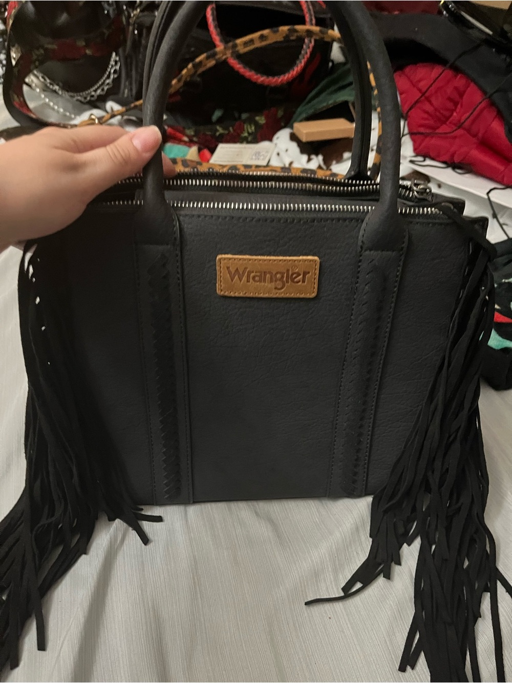 Wrangler Black Satchel with Fringe and Tan Logo Patch